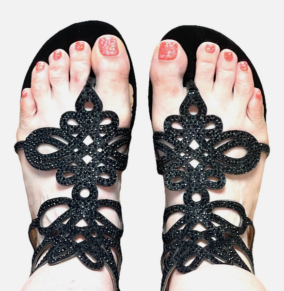 Thalia Sodi Black Glitter Rhinestone Gladiator Sandals Sz 6.5