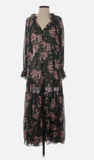 Free People Forest Green Floral Tiered Dress XS Peasant Sheer Maxi Georgette M