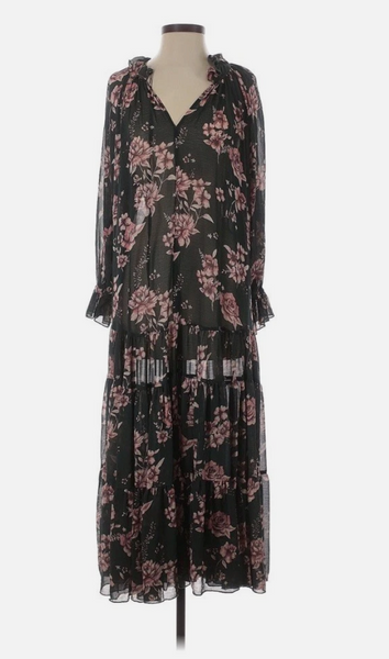 Free People Forest Green Floral Tiered Dress XS Peasant Sheer Maxi Georgette M