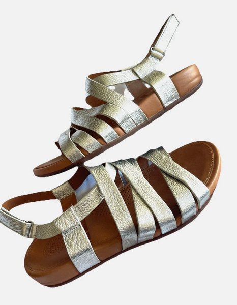 Metallic Silver Fitflop Leather Strappy Gladiator Sandal Sz 6 NWOB