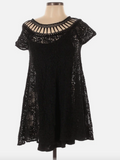 Free People Dress Plisse Cutouts Crochet Cap Sleeve Round Neck Black Size XSmall