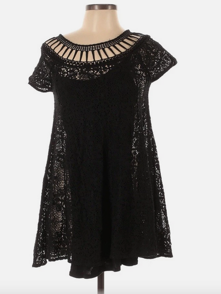 Free People Dress Plisse Cutouts Crochet Cap Sleeve Round Neck Black Size XSmall