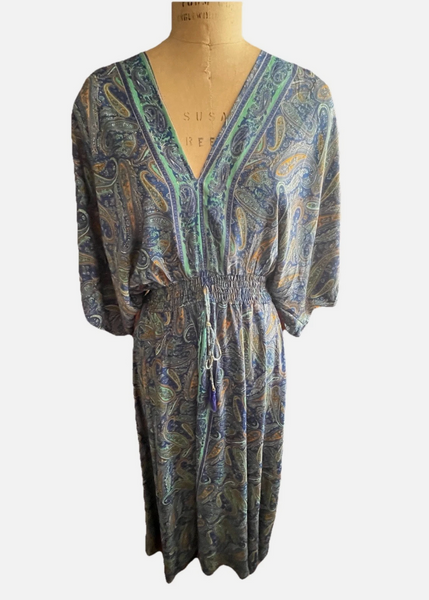Silk Dress Caftan Resort Wear Boho Hippie Ethnic Maxi Paisley Blue Green M/L