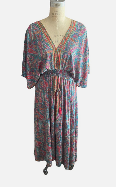 NWOT Silk Dress Caftan Resort Wear Boho Hippie Ethnic Maxi Paisley M/L
