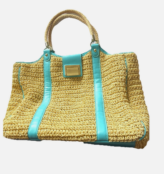 Vintage Talbots Straw Tote Bag with Aqua Blue Leather Trim Beach Vacation Travel