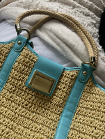 Vintage Talbots Straw Tote Bag with Aqua Blue Leather Trim Beach Vacation Travel