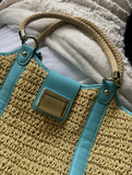 Vintage Talbots Straw Tote Bag with Aqua Blue Leather Trim Beach Vacation Travel