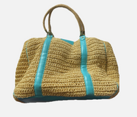 Vintage Talbots Straw Tote Bag with Aqua Blue Leather Trim Beach Vacation Travel