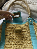 Vintage Talbots Straw Tote Bag with Aqua Blue Leather Trim Beach Vacation Travel