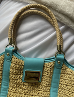 Vintage Talbots Straw Tote Bag with Aqua Blue Leather Trim Beach Vacation Travel