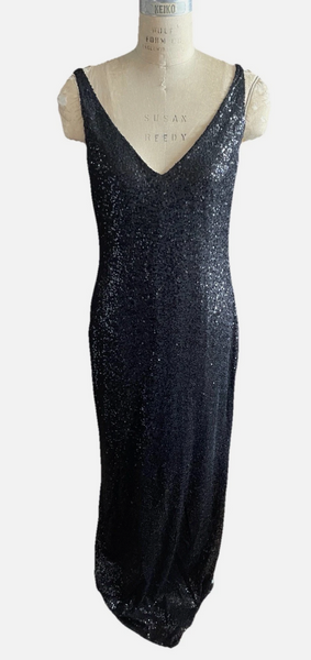Lauren Ralph Lauren Black Sequin Stretch Strappy Gown Sz 14