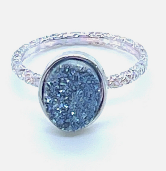 Oval Druzy Stone Stacking Ring In Silver Sz 9