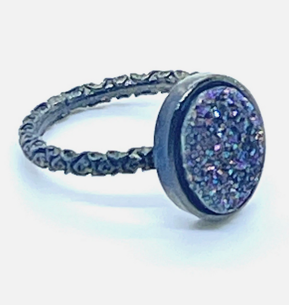 Oval Druzy Stone Stacking Ring In Gunmetal Sz 5