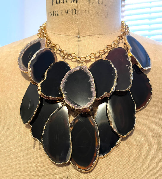 Double Cascade Natural Black and Gold Plated Agate Slice Necklace