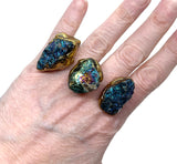 Adjustable 14kt Gold Double Finger Druzy Ring in Peacock Ore