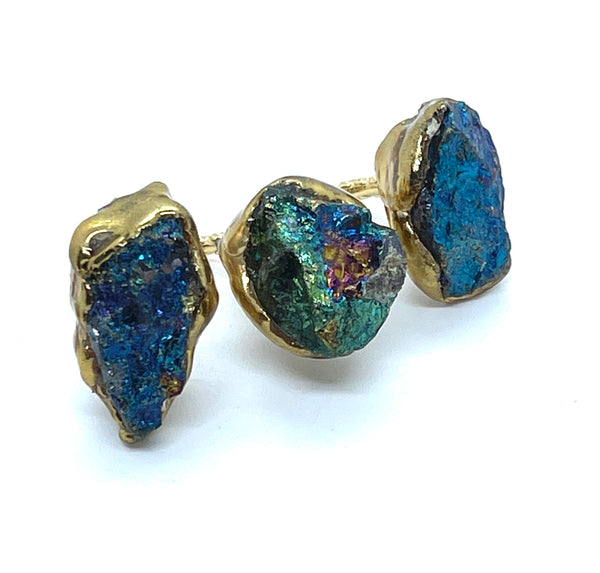 Adjustable 14kt Gold Double Finger Druzy Ring in Peacock Ore