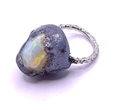 Ethiopian White Opal Ring with Silver Band and Gunmetal Glitter