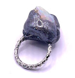 Ethiopian White Opal Ring with Silver Band and Gunmetal Glitter