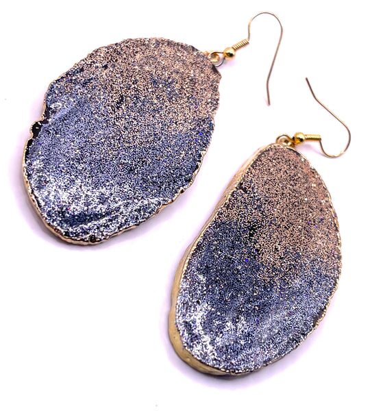 Gold Plated Black Agate Slice Earrings with Ombre Glitter Finish in Gold/Gunmetal