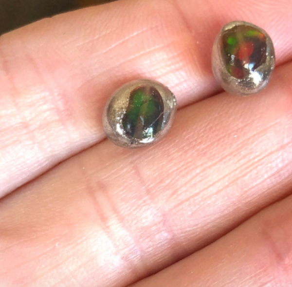 Tiny Polished Opal and Silver Stud Earrings